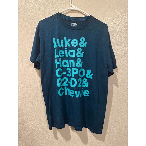 NWT Disney Parks Star Wars Luke Leia Han C-3P0 R2-D2 Chewie Blue Turquoise Tee L - Picture 1 of 4